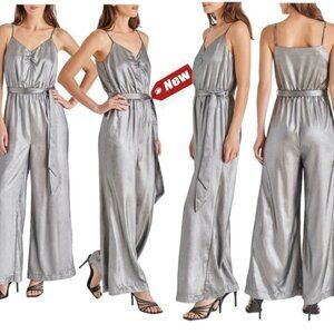 Steve Madden liquid metallic silver crepe jumpsuit Sz L NWT
